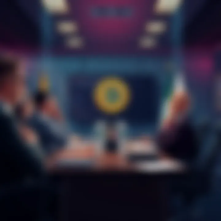 A group of bankers discussing stablecoin rules in a conference room.