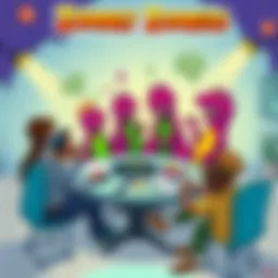 A colorful illustration showing various funny theories about Barney zombies, featuring people discussing around a table with notes and drawings, depicting humorous ideas.