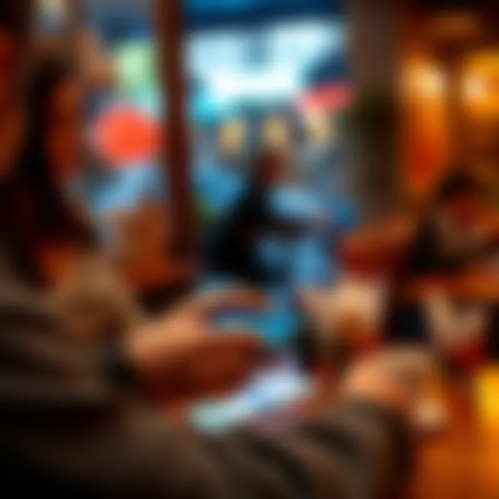 Base App Payment Interface A user seamlessly making a payment using the Base App on a smartphone in a cafรฉ setting.