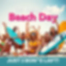 A group of excited people enjoying a sunny beach day with surfboards and beach towels