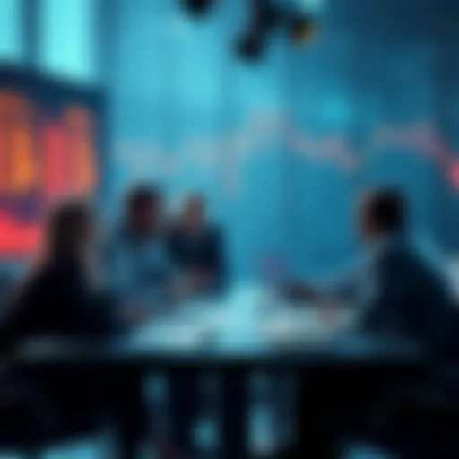 A group of investors discussing the bear market trends with charts and graphs on a table.