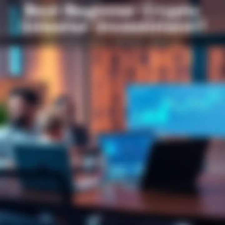 A family discussing cryptocurrency investments at a table with laptops and charts, highlighting beginner-friendly options.