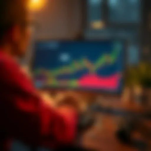 A person looking at a computer screen displaying cryptocurrency charts and graphs, with coins scattered on the table