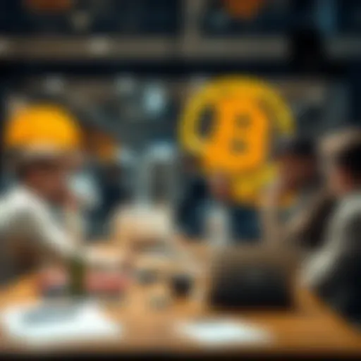 A group of people talking about their experiences with Bitcoin and satoshis at a table, with laptops and notes around them.