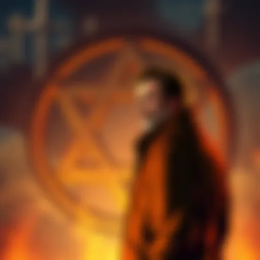 A thoughtful character, Ben Grimm, stands in front of a Star of David, contemplating his Jewish identity, showing cultural and religious symbols in the background.