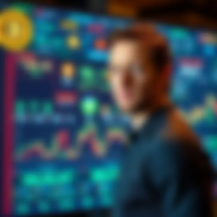 Ben McKenzie standing in front of a digital screen displaying crypto symbols and statistics, expressing determination to reveal industry secrets.