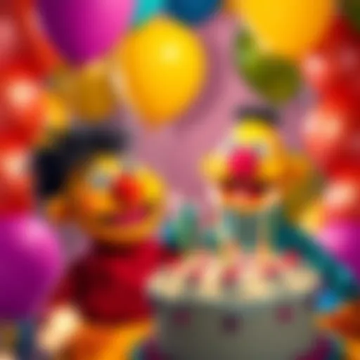 Bert and Ernie surrounded by colorful balloons and a birthday cake with six candles, smiling and having fun at their birthday party
