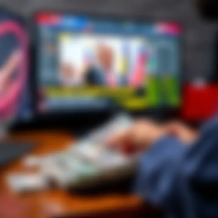 A person placing a large bet on a political change involving Nicolás Maduro, with cash and betting slips in front of a computer screen displaying political news.