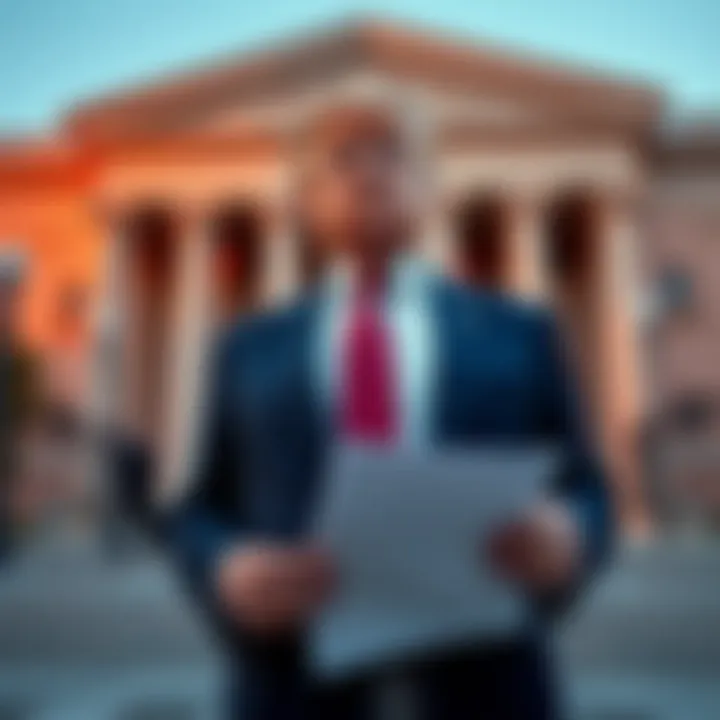 A billionaire investor stands outside a courthouse, holding legal documents against Donald Trump's cryptocurrency venture, symbolizing the legal dispute.