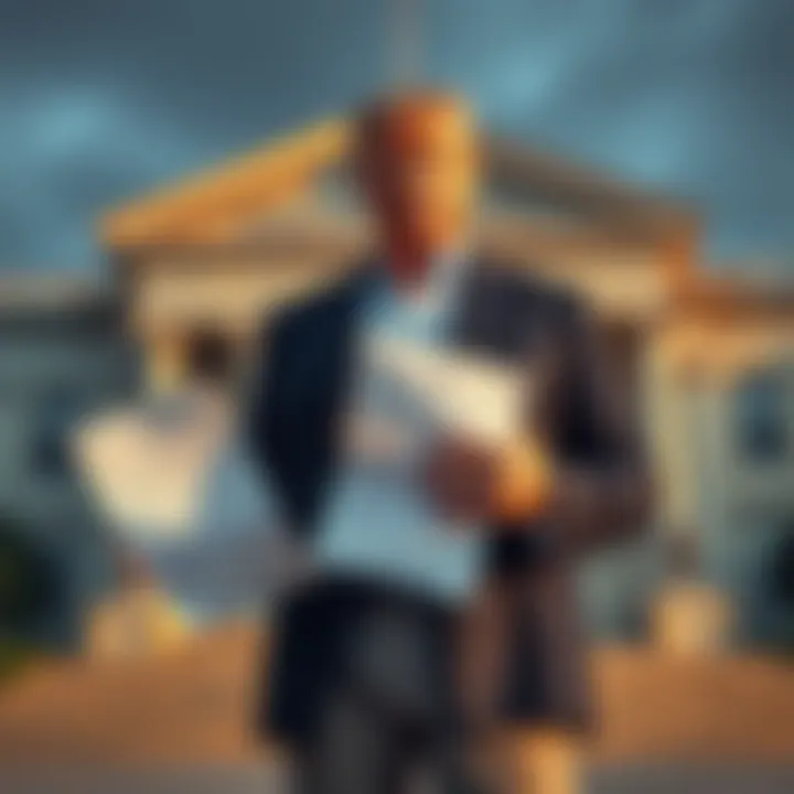 A billionaire investor stands in front of a court building, holding legal documents related to Donald Trump's crypto venture fraud lawsuit.