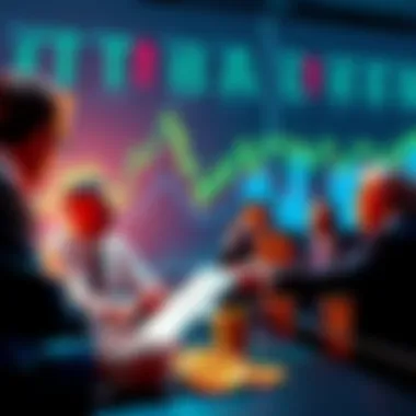 A group of billionaires discussing Bitcoin investments with charts and graphs in the background