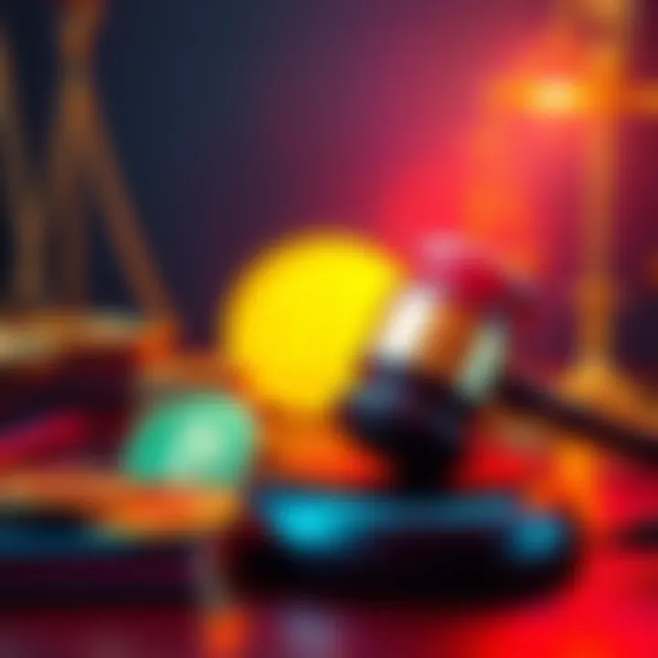 A gavel and cryptocurrency coins on a desk representing the legal dispute between Binance and FTX.