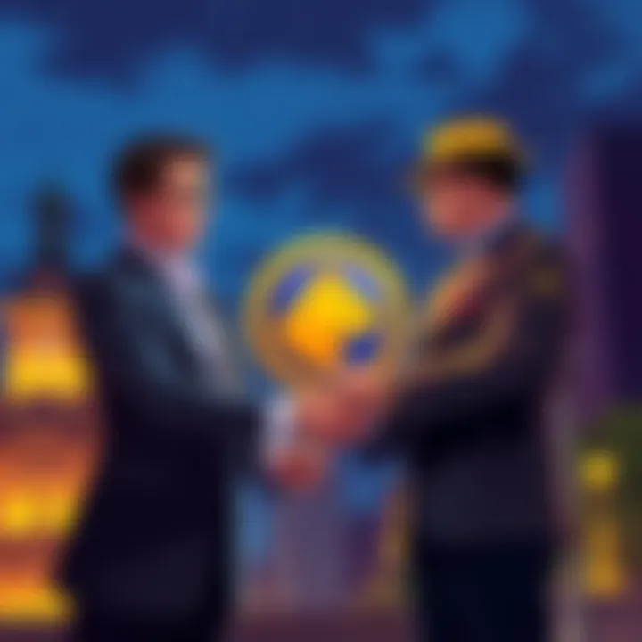 A Binance representative shakes hands with a Buenos Aires official, both holding a Dogecoin logo, symbolizing their partnership to promote Dogecoin in the city.