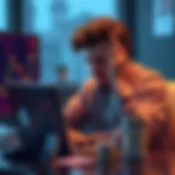 A worried individual sitting at a desk with a laptop, showing frustration over financial loss related to cryptocurrency trading.