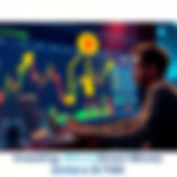 A graph showing Bitcoin price trends with arrows indicating buying opportunities below $70K and a person analyzing the market on a laptop