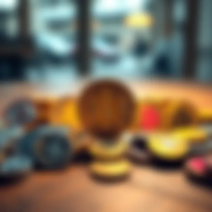 A visual comparison of Bitcoin and various altcoins on a wooden table, with Bitcoin prominently displayed in the center.