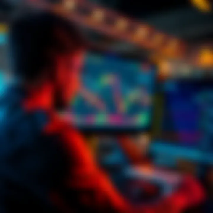 A person looking at a Bitcoin chart on a screen, reflecting determination and focus while considering investment strategies during falling prices.