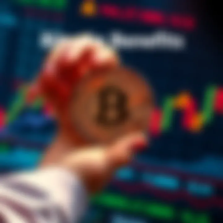 A person holding a Bitcoin symbol with financial charts in the background, representing control over finances.