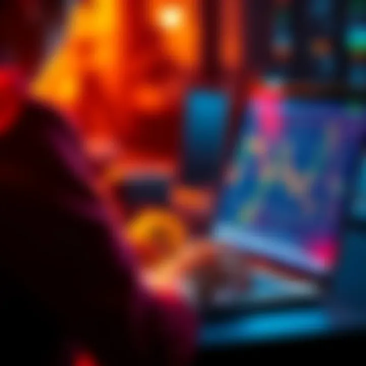 A person analyzing Bitcoin price charts on a laptop, focused on a graph showing a downward trend turning upward, symbolizing buying during market downturns.