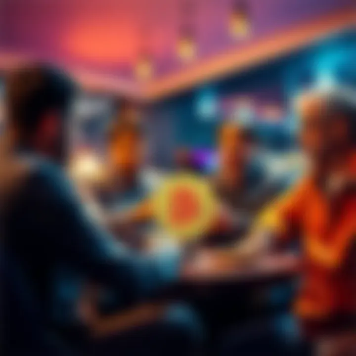 Bitcoin buying strategies A group of experienced people sharing tips on accumulating Bitcoin in a casual setting