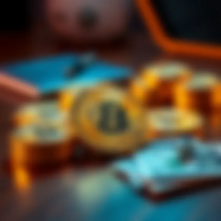 Close-up of shiny Bitcoin coins stacked on a wooden table with a small amount of cash beside them