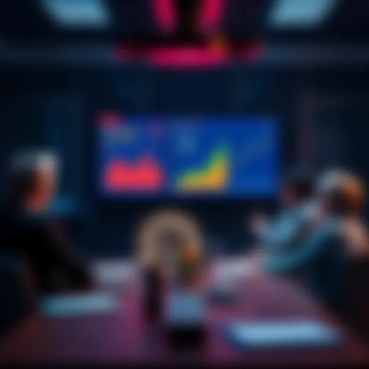Group of people discussing Bitcoin's future around a table with charts and graphs on the screen