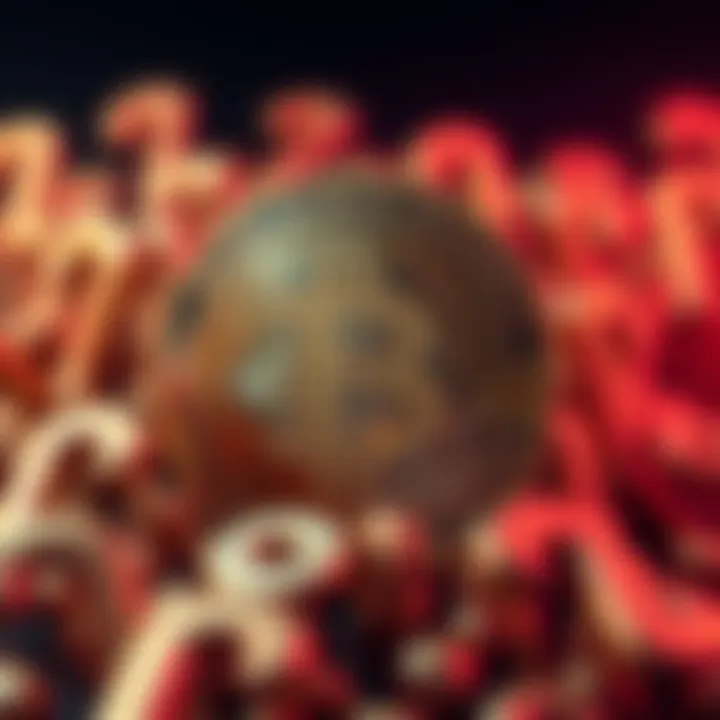 Bitcoin symbol surrounded by question marks, representing the debate on whether it is a scam or a revolutionary currency.