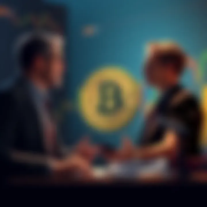 Bitcoin Debate Two people discussing Bitcoin's legitimacy with graphs and charts in the background