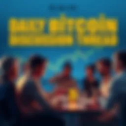A group of people engaging in a lively discussion about Bitcoin, with charts and graphs in the background.