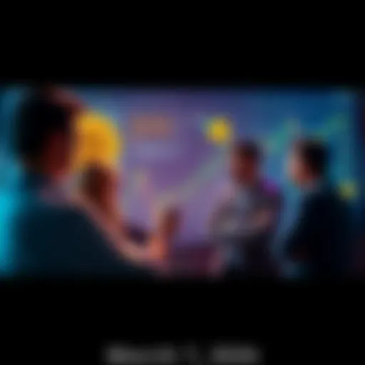 Group of people engaging in a conversation about Bitcoin with charts and graphs on display.