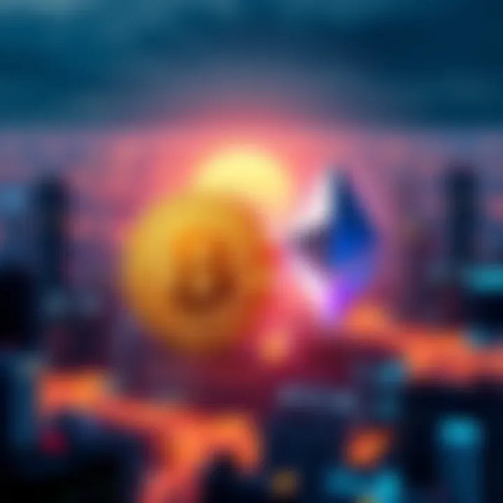 Illustration of Bitcoin and Ethereum logos with a futuristic city background representing technology and finance