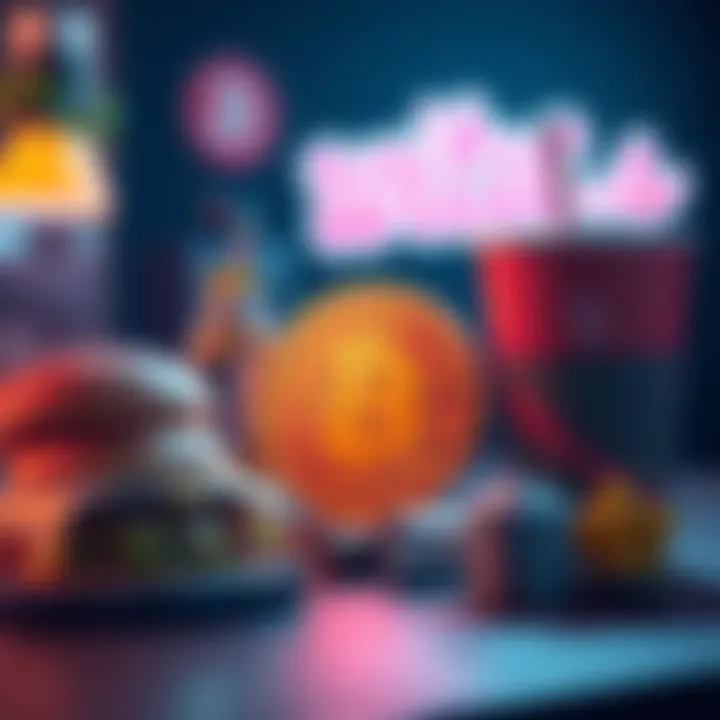 A visual of a Bitcoin symbol next to common items like burgers and coffee cups, illustrating pricing challenges