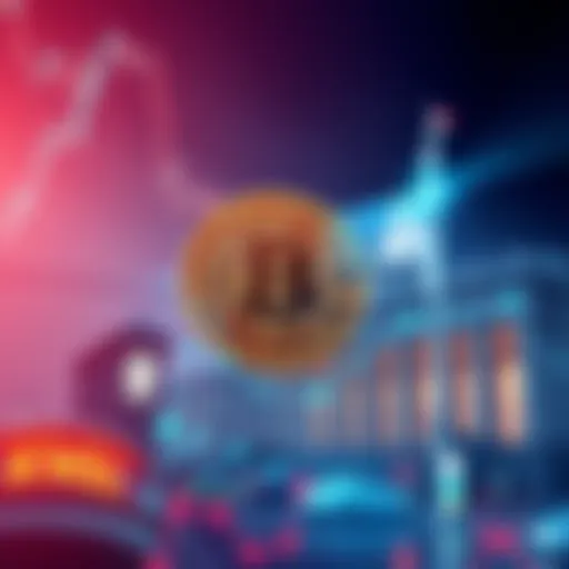 A digital representation of Bitcoin integrated into a formal financial system with banks and government buildings in the background