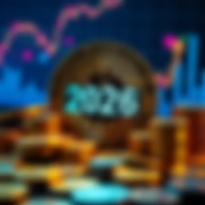 A graphic representation of Bitcoin with a countdown timer indicating the next halving event in 2026, surrounded by upward-trending charts and coins.