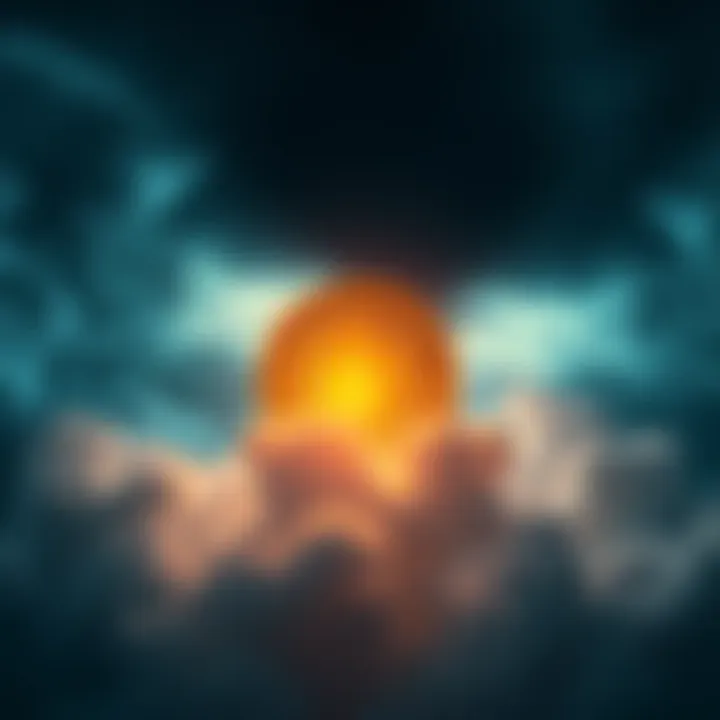 Bitcoin as a symbol of hope A Bitcoin coin shining brightly with a backdrop of dark clouds, representing hope for investors in tough times.