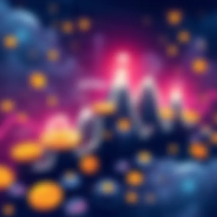 Bitcoin hype cycle illustration A graph showing rising and falling trends related to Bitcoin, featuring exaggerated peaks labeled with terms like 'UpTober' to represent misleading hype cycles, surrounded by symbols of cryptocurrency like coins and charts.