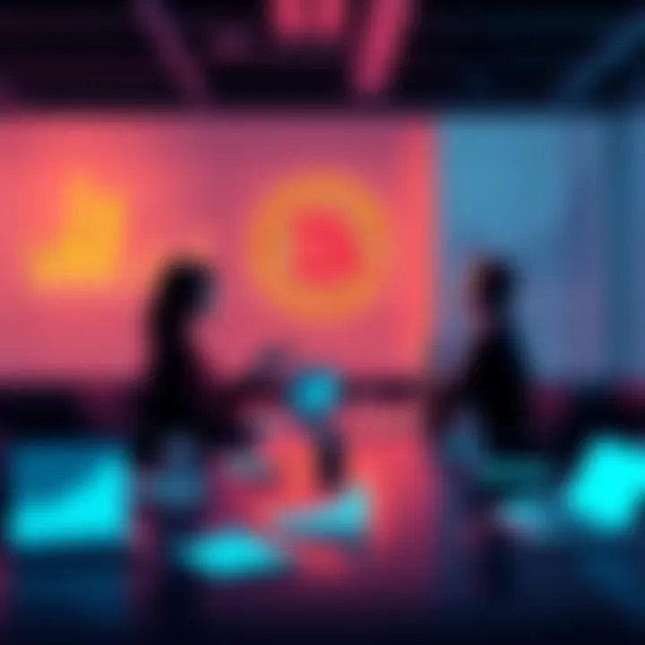 A group of people discussing Bitcoin investment strategies at a table with charts and graphs on display