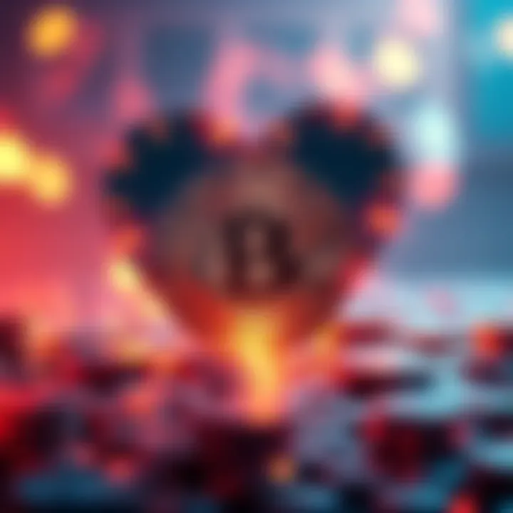 A heart shape made of Bitcoin coins surrounded by glowing light, symbolizing people's love for cryptocurrency.