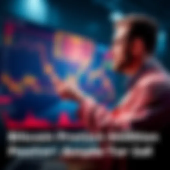 A financial analyst pointing at a chart showing Bitcoin price trends with a focus on peaks and lows.