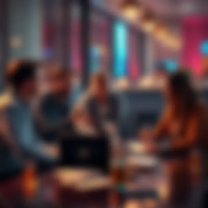 A group of people discussing Bitcoin trends and updates in a casual setting, with a laptop and notes in front of them.