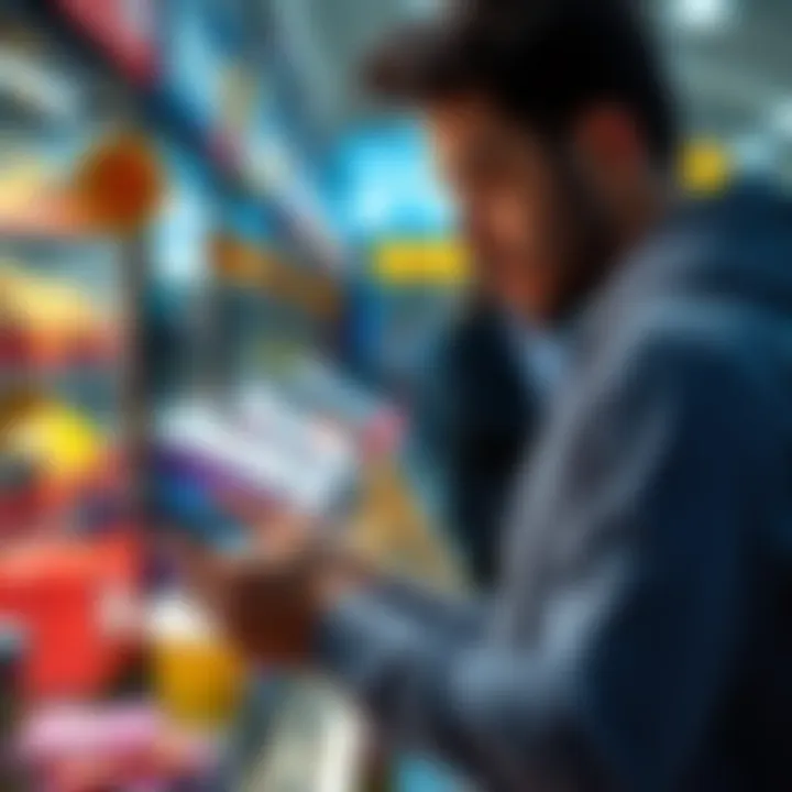 A person using a smartphone to make a payment with Bitcoin at a store, with visible Bitcoin symbols and shopping items around.