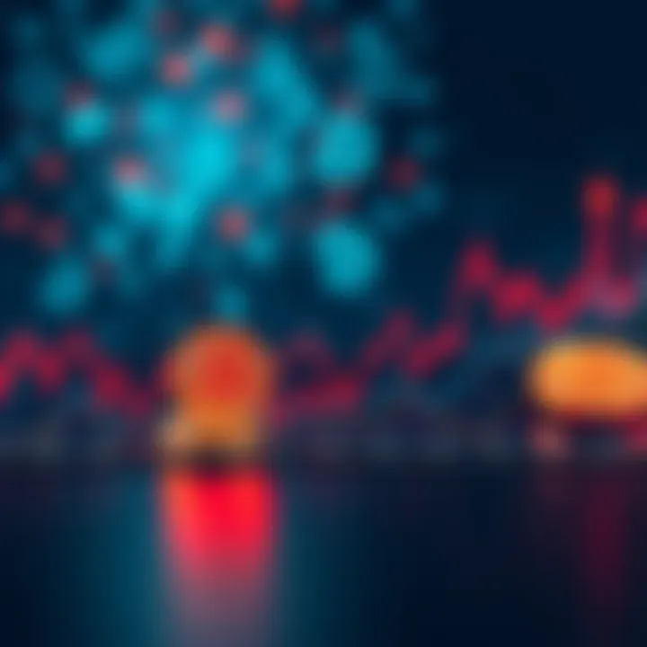 A chart showing extreme Bitcoin price predictions with a mix of rising and falling graphs, set against a background of digital currency symbols.