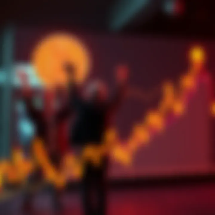 Short-term traders cheer around a rising Bitcoin price chart, unaware of past price drops