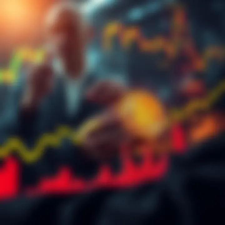 Graph showing a downward trend in Bitcoin's price with worried investors in the background.