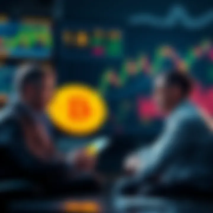 Bitcoin Price Discussion Group of market analysts discussing Bitcoin price drop to $12,000 with charts and graphs in the background