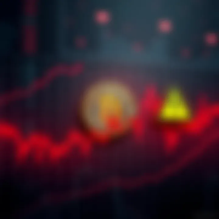 Graph showing downward trend of Bitcoin prices, with a warning sign