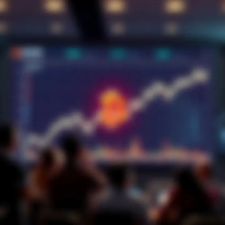 A chart showing Bitcoin's 40% drop in value, with an upward trend line indicating potential recovery, surrounded by investor discussions.