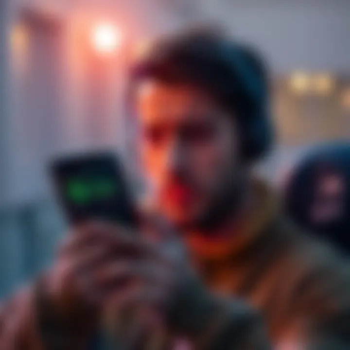 A person frustrated by a Bitcoin price update interrupting their Spotify music, showing a phone with a crypto app and music app open