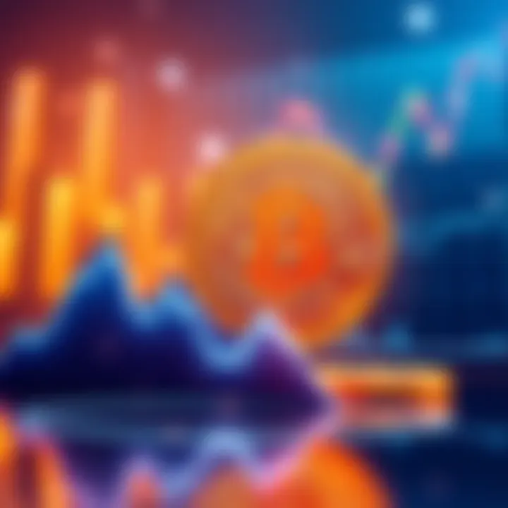 Graph showing increasing Bitcoin prices with a background of bullish investors and the Bitcoin logo