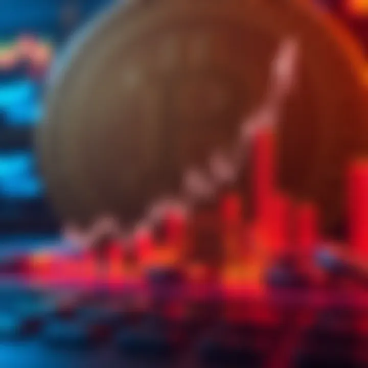 Graph showing Bitcoin price rising sharply with upward trend lines and a coin image in the background
